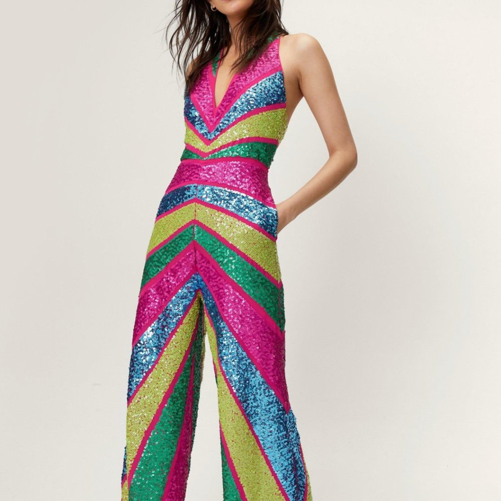 NastyGal Sequin Colorblock Plunge Wide Leg Jumpsuit